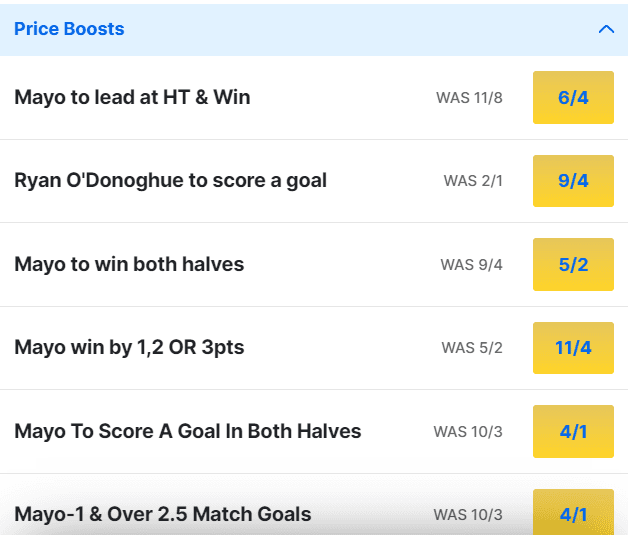 Mayo v Derry Odds Price Boosts All Ireland Preliminary Quarter Final 2024 Mayo v Derry Odds Price Boosts All Ireland Preliminary Quarter Final 2024