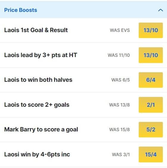 Laois v Leitrim Odds Price Boosts Allianz Football League Division 4 Final 2024 Laois v Leitrim Odds Price Boosts Allianz Football League Division 4 Final 2024