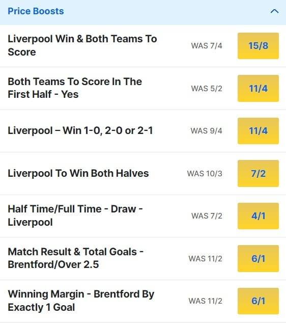 Brentford v Liverpool Odds Price Boosts - Premier League 2023 24