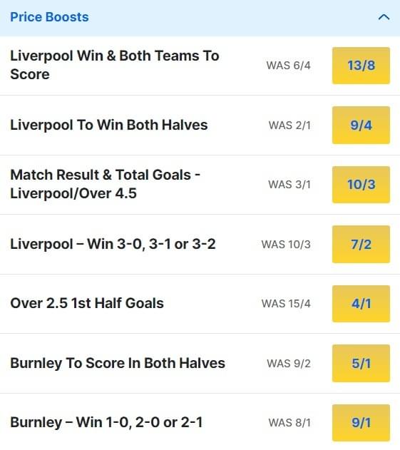 Burnley v Liverpool Odds Price Boosts - Premier League 2023 24