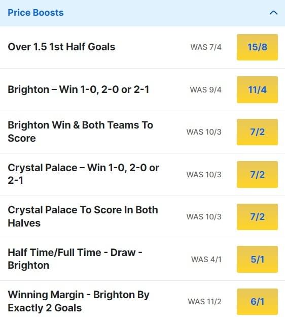 Crystal Palace v Brighton Odds Price Boosts - Premier League 2023 24
