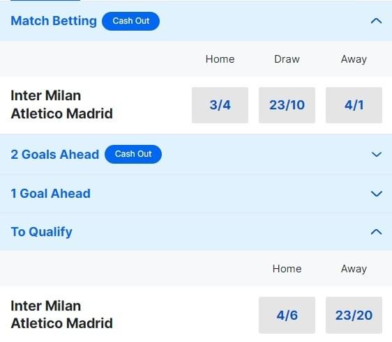 Inter Milan v Atlético Madrid Betting Odds