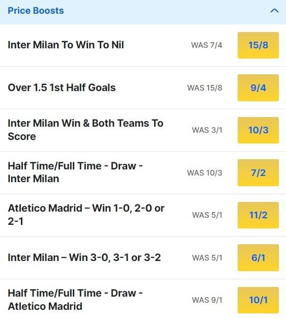 Inter Milan v Atlético Madrid Odds Price Boosts