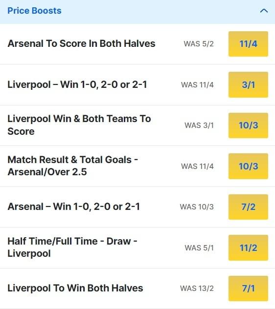 Liverpool v Arsenal Odds Price Boosts - Premier League 2023 24