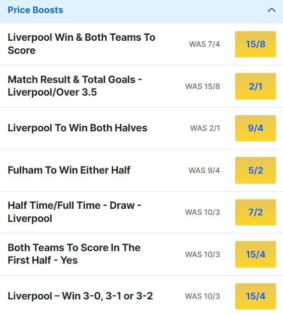 Liverpool v Fulham Odds Price Boosts - EFL Cup Semi-final 1st Leg 2023 24