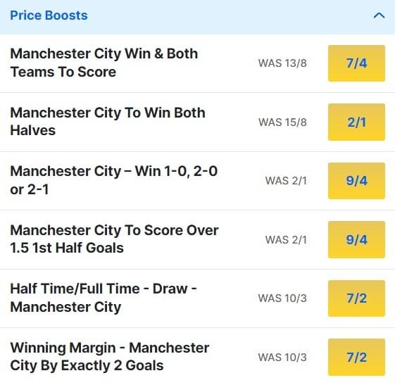 Man City v Chelsea Odds Price Boosts - Premier League 2023 24