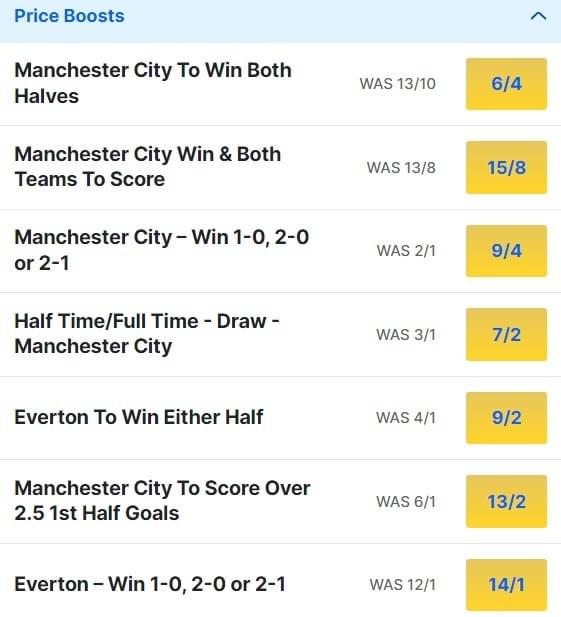 Man City v Everton Odds Price Boosts - Premier League