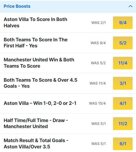 Man United v Aston Villa Odds Price Boosts - Premier League 2023 24