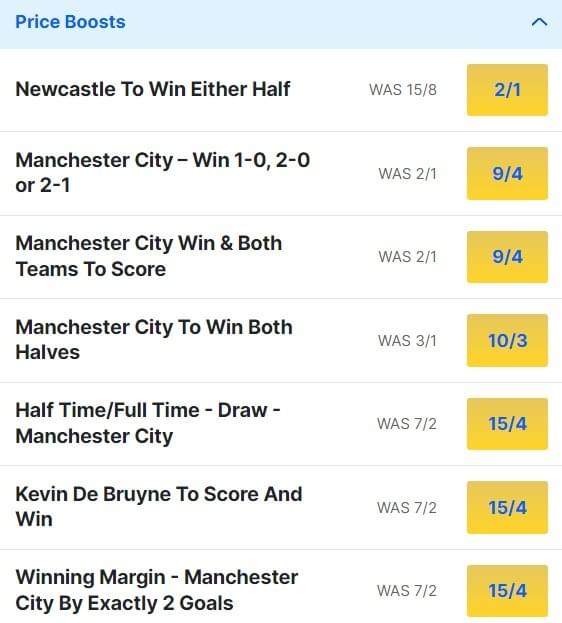 Newcastle v Man City Odds Price Boosts - Premier League 2023 24