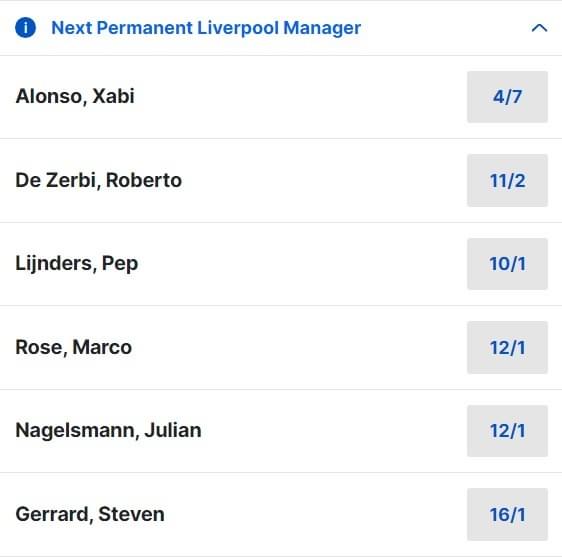 Next Liverpool Manager Odds