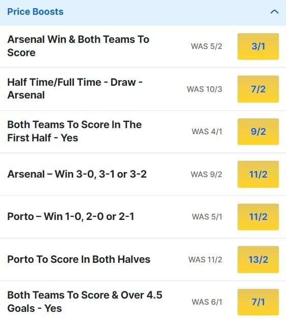 Porto v Arsenal Odds Price Boosts - Champions League 2023 24