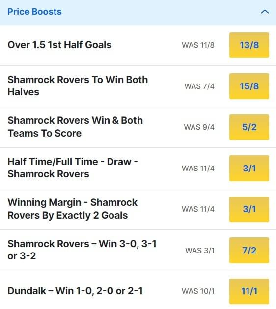 Shamrock Rovers v Dundalk Odds Price Boosts - League of Ireland Premier Division 2024