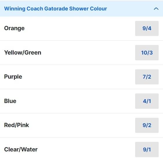 Super Bowl Winning Coach Gatorade Shower Colour Odds