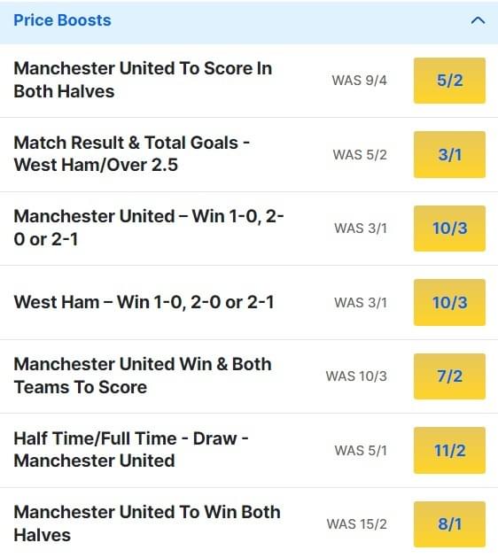 West Ham v Man United Odds Price Boosts - Premier League 2023 24