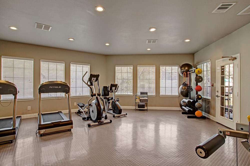 The Arbors at Wolf Pen Creek apartments A modern gym with treadmills, exercise bikes, and a rack of medicine balls in a well-lit room.