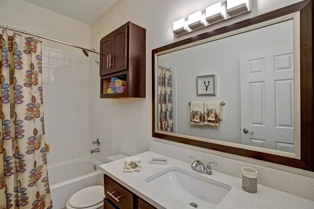 Arbors at Wolf Pen Creek Apartments modern bathroom with dark wood cabinets, large mirror with vanity lighting, bathtub and shower, white countertops, and medicine cabinet