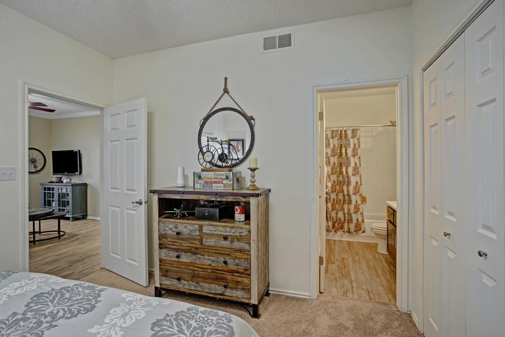 Arbors at Wolf Pen Creek Apartments modern bedroom with large bed, dresser, plush carpeting, decorative mirror, and en-suite bathroom