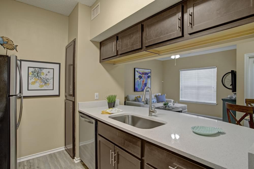 Arbors at Wolf Pen Creek Apartments Modern kitchen with dark wood cabinets, stainless steel appliances, white countertops, and decorative wall art.