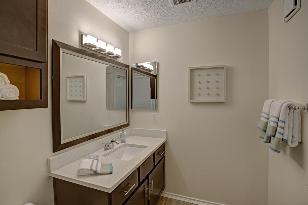 Arbors at Wolf Pen Creek Apartments modern bathroom with dark wood cabinets, large mirror with vanity lighting, white countertops, and delicate wall art.
