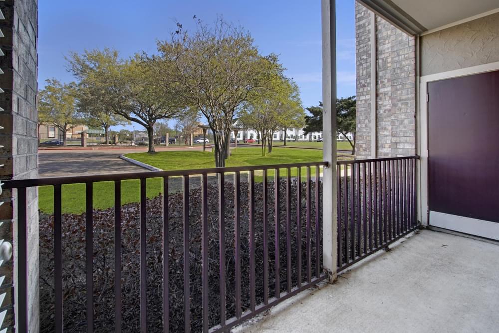 The Arbors at Wolf Pen Creek apartments Balcony view of a park with trees and a clear blue sky, framed by a railing and building wall.