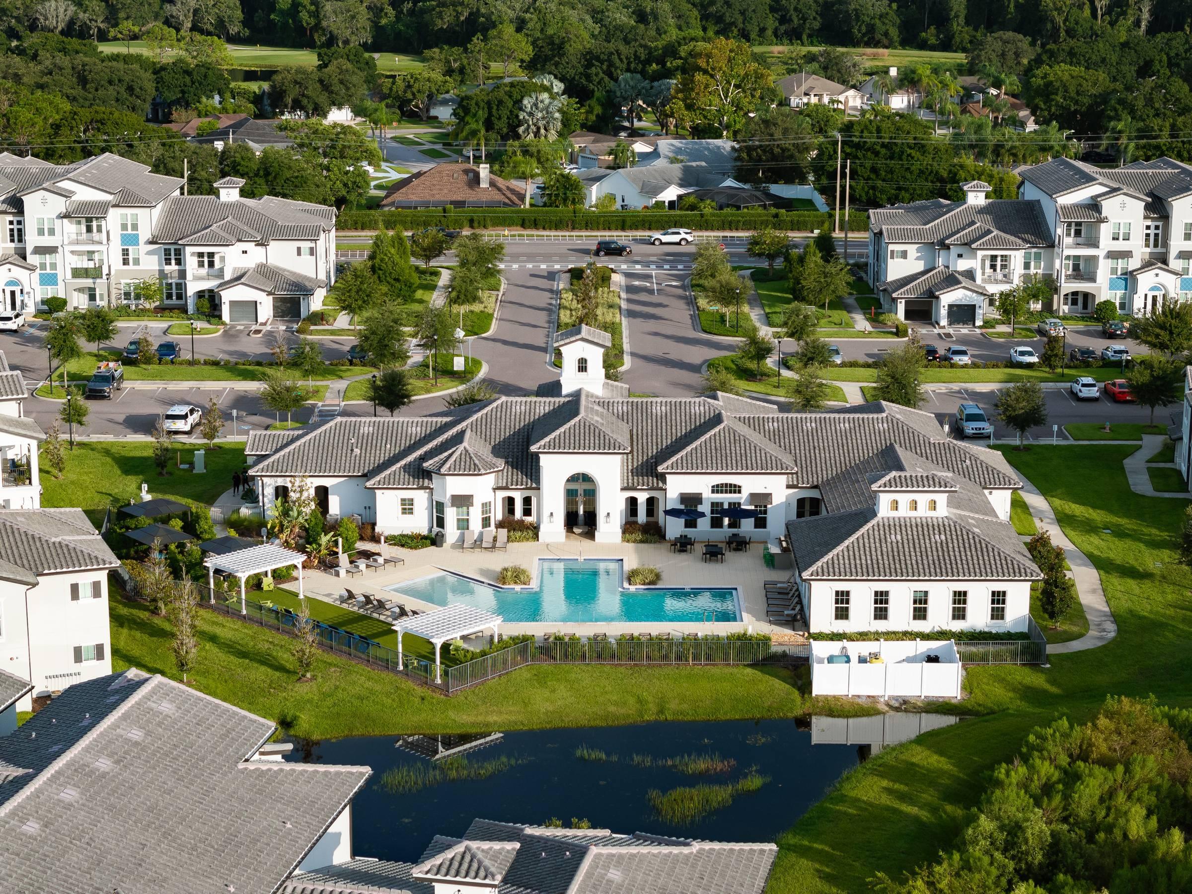 Shadetree Apartments aerial of community buildings and swimming pool
