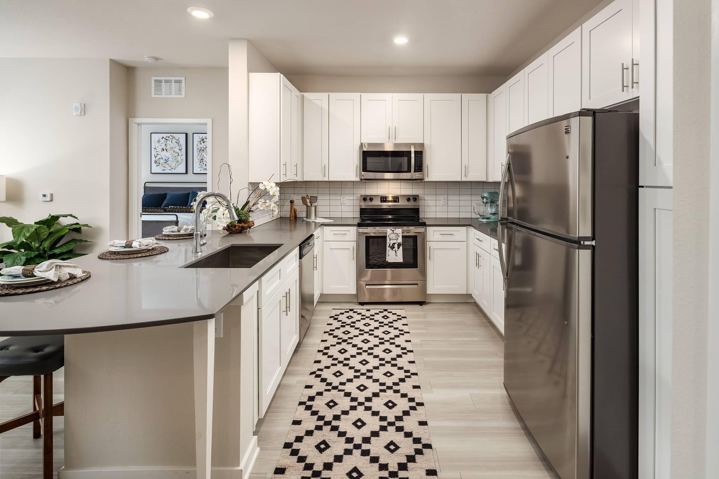 Shadetree Apartments kitchen with stainless steel appliances, abundant cabinet storage and counter space, and an open concept layout