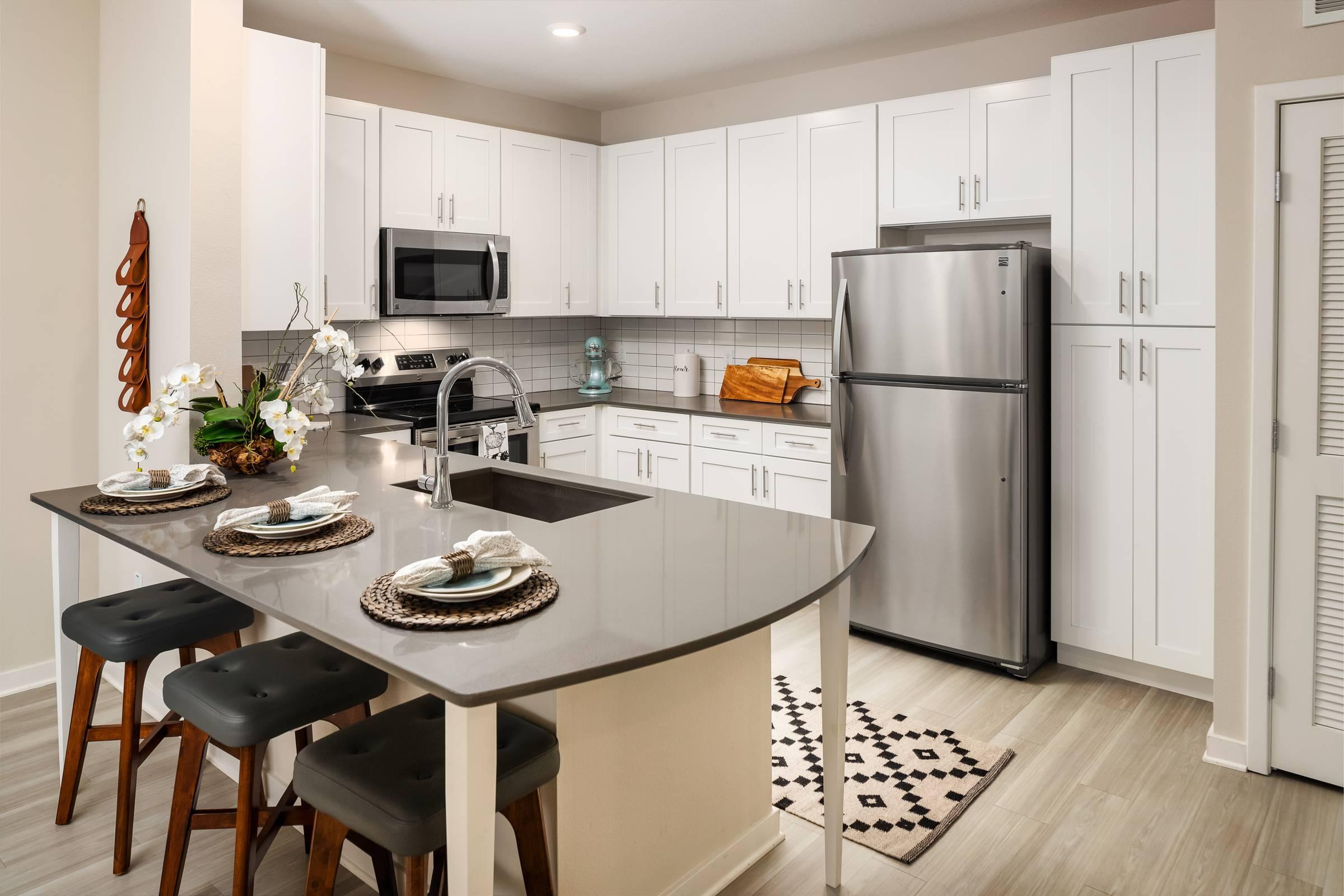 Shadetree Apartments kitchen with stainless steel appliances, abundant cabinet storage and counter space, and an open concept layout
