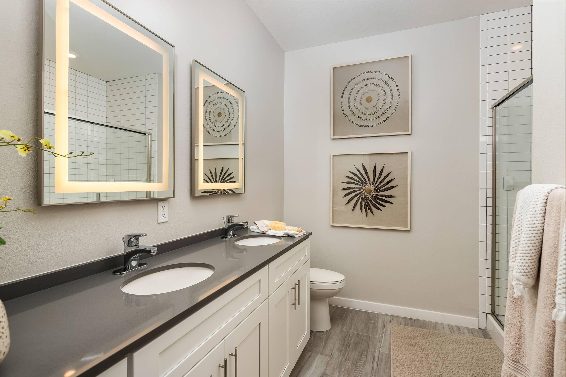 Shadetree Apartments bathroom with a large dual sink vanity, two mirrors, and wall art