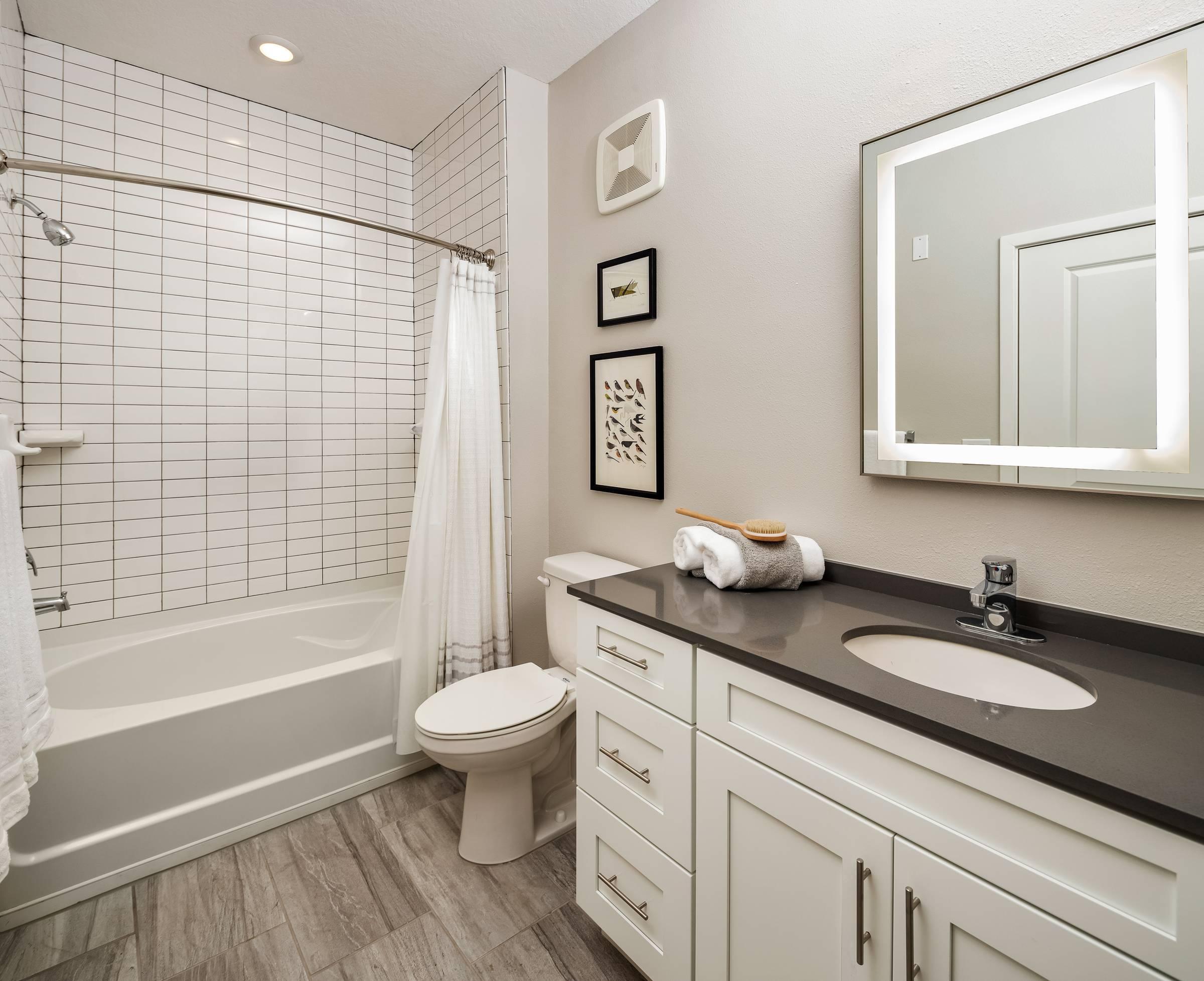 Shadetree Apartments bedroom with a bathtub and large vanity