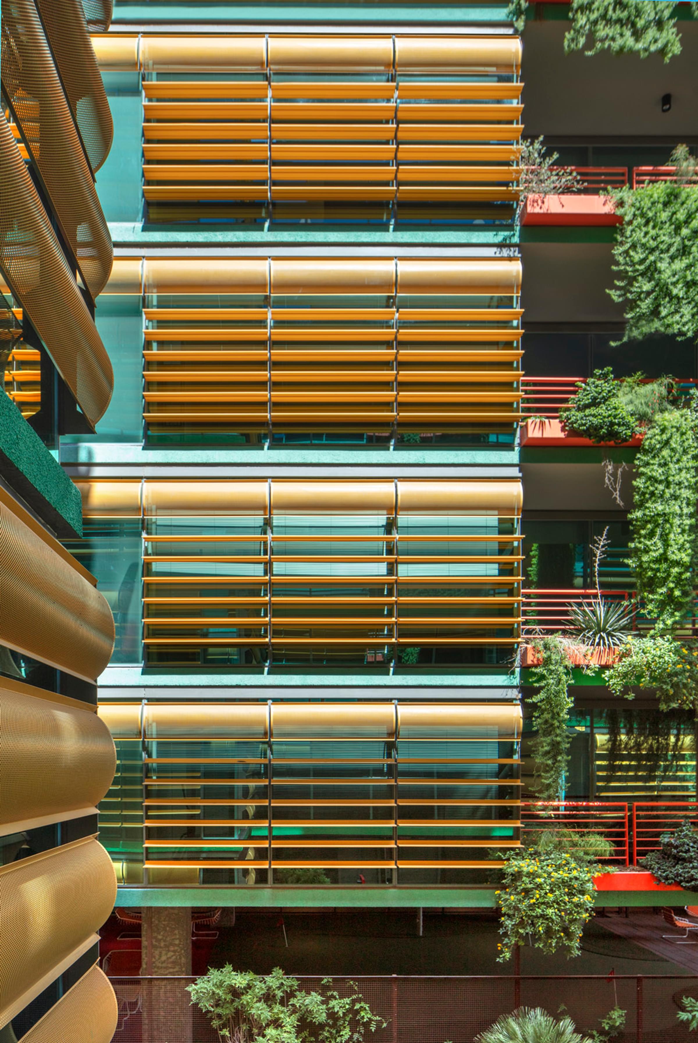 Optima Sonoran Village apartments Modern building facade with yellow horizontal blinds and lush green plants.
