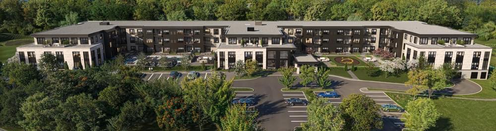 Aerial of The Ensley exterior with Minnesota- and Minnetonka-inspired design and natural surroundings