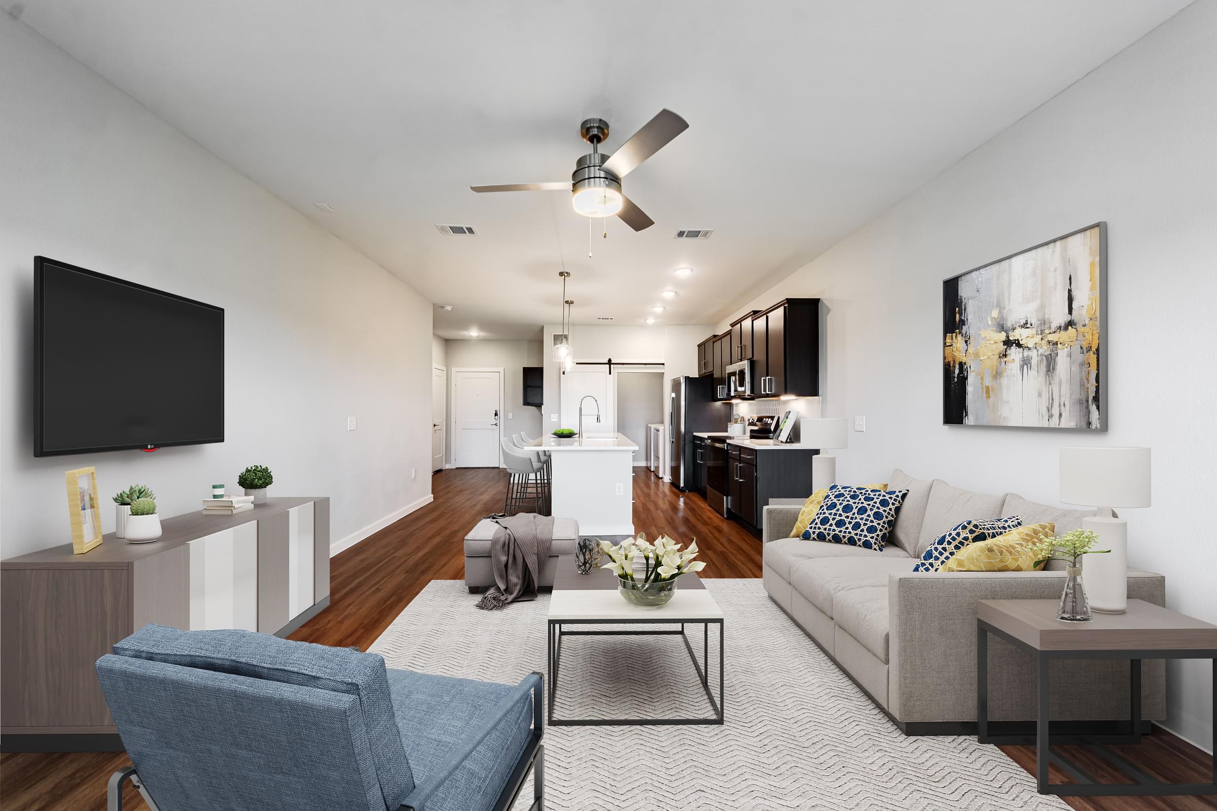 a living room with a couch and a coffee table