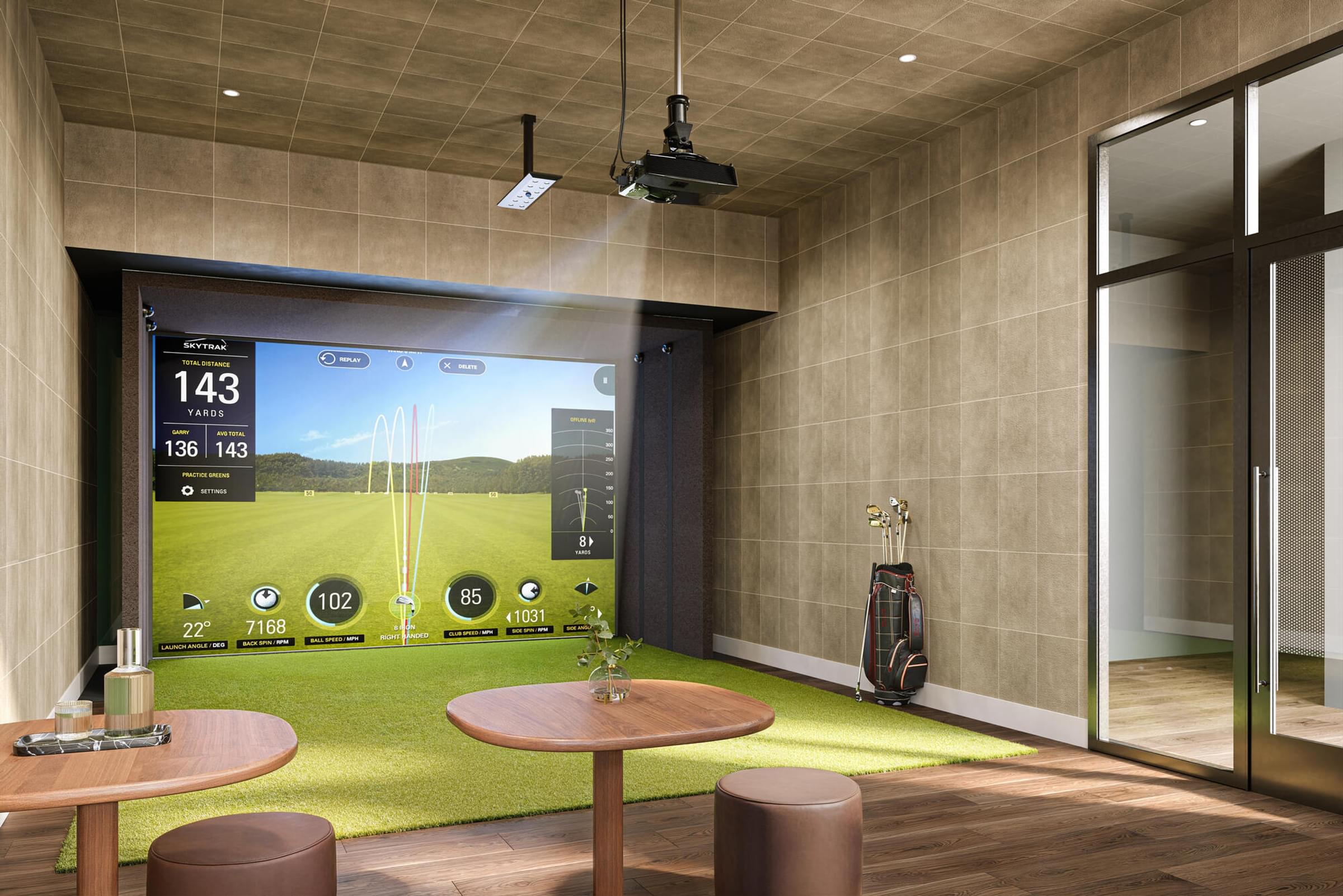 A modern room with a large screen displaying information.