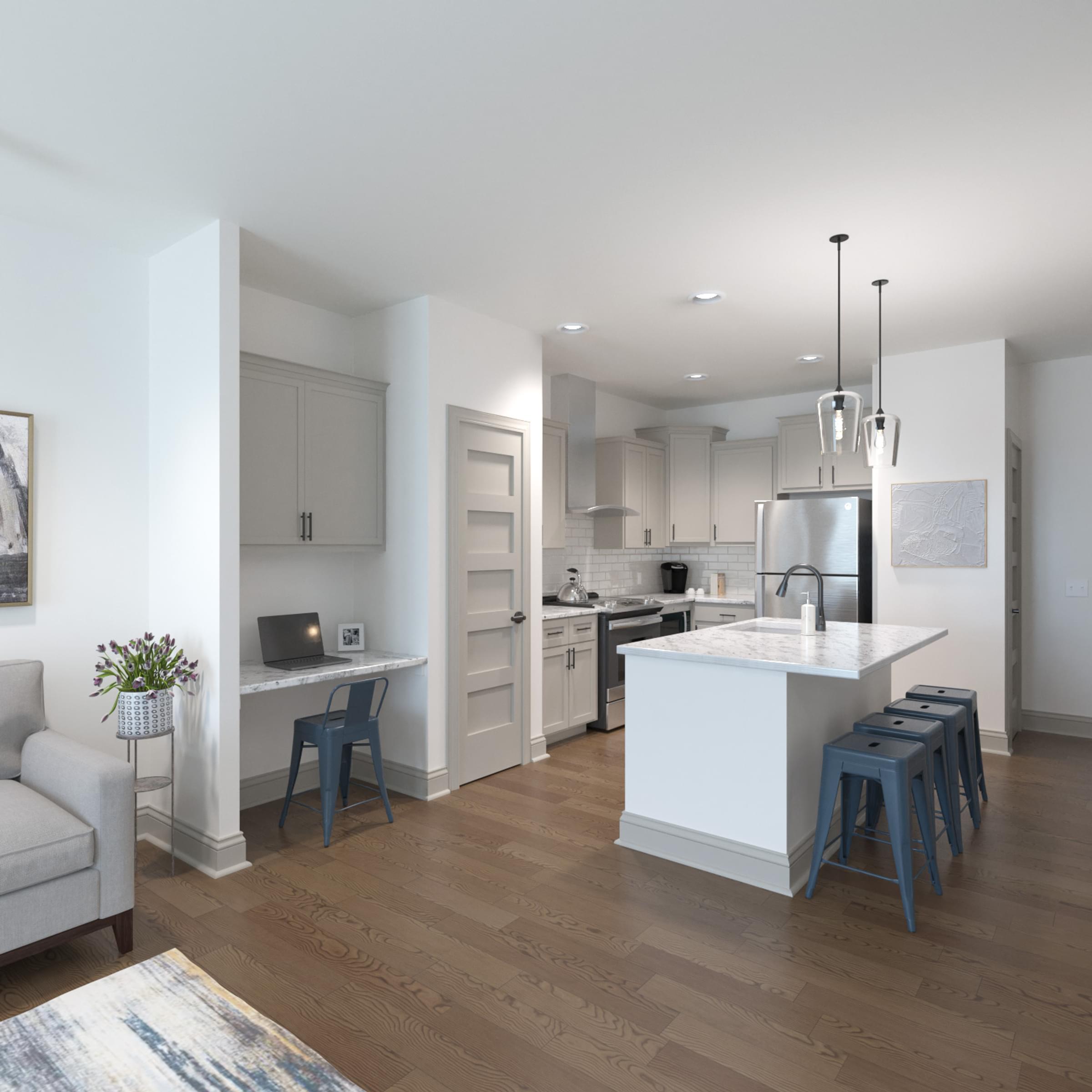 Open-Concept Floorplan With Luxury Gray Scheme Kitchen