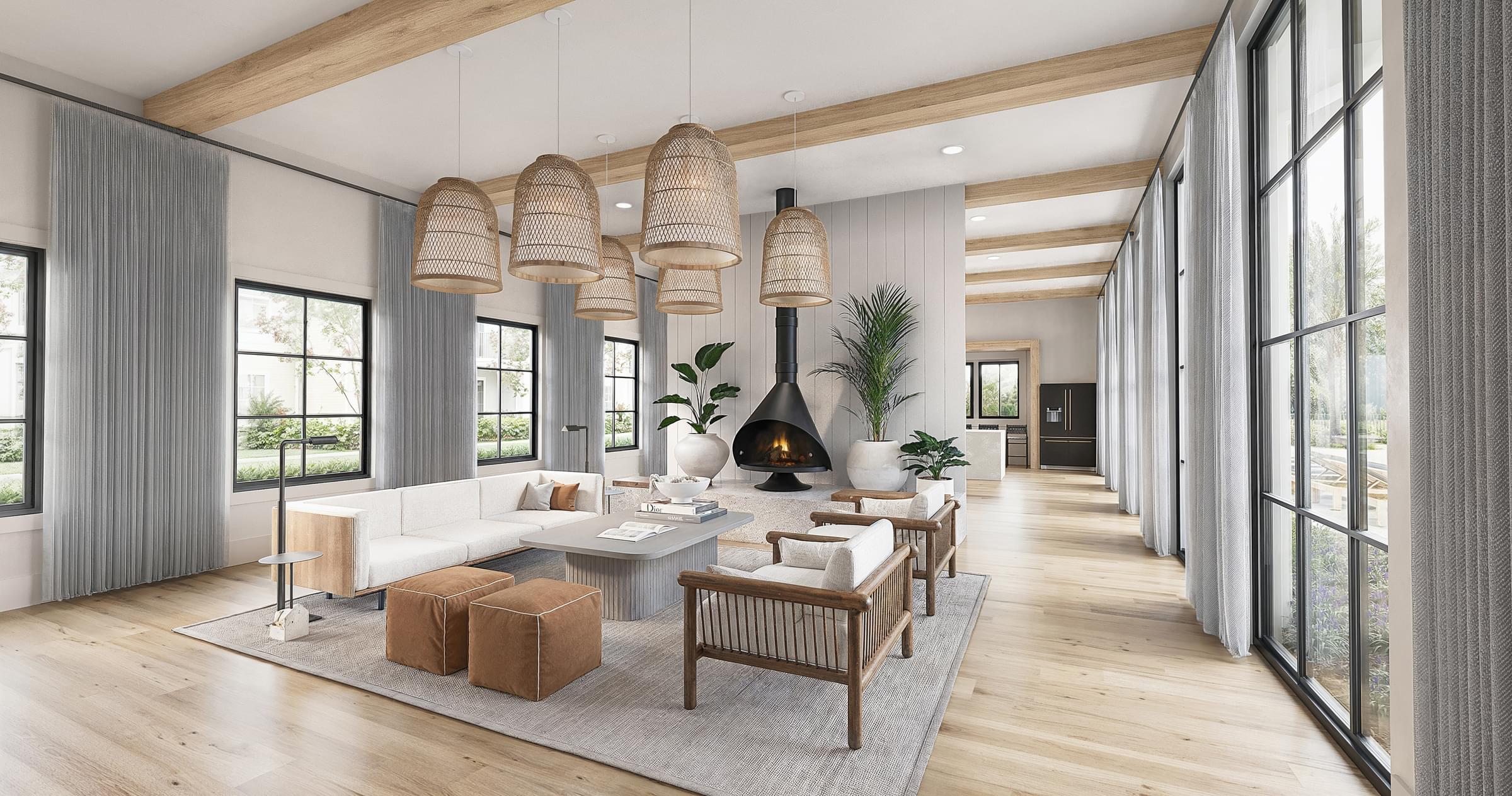 Coastal Inspired Luxury Clubhouse With Modern Fireplace And Cozy Seating