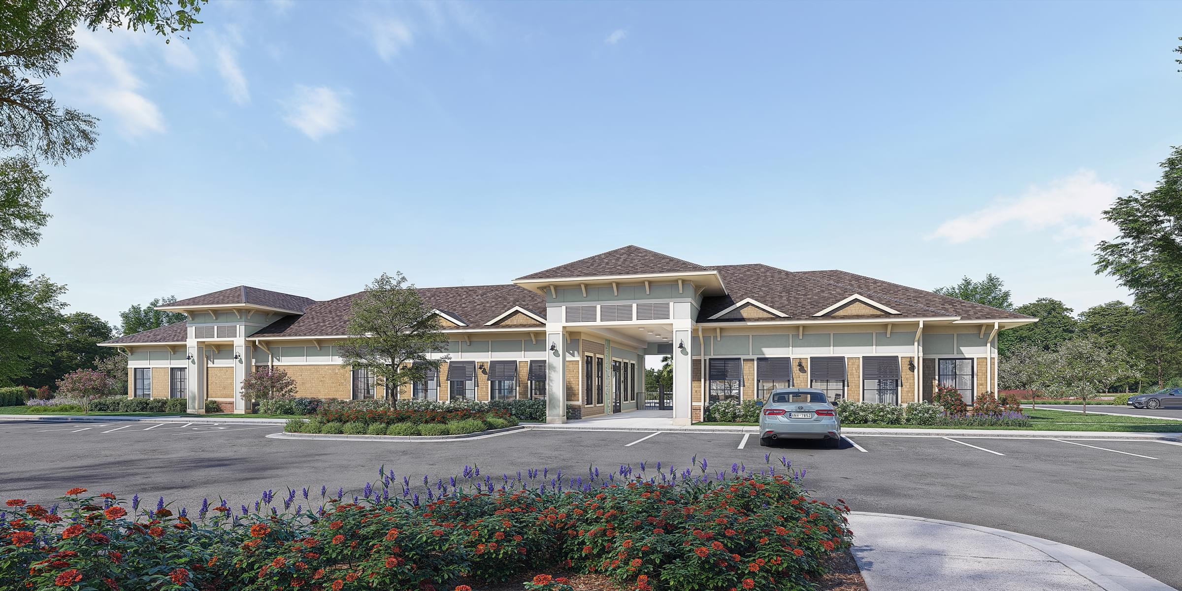 A large building with a parking lot in front of it.