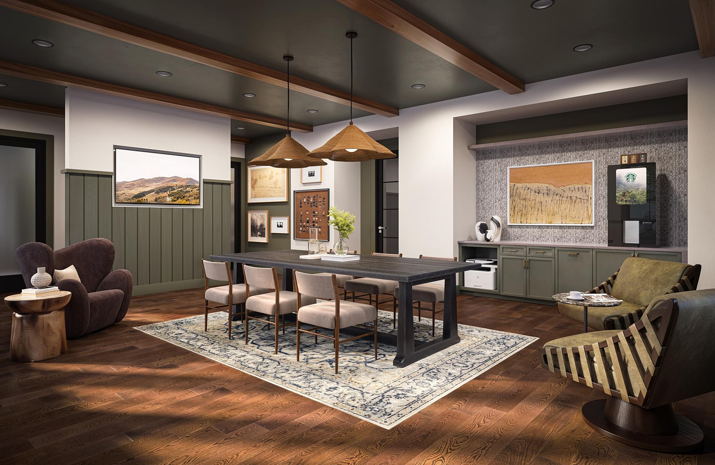 A modern dining room with a wooden table and chairs.