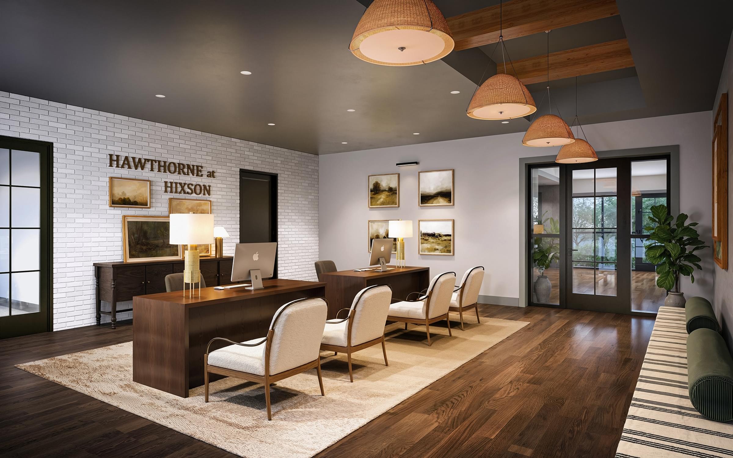 A room with a desk and chairs with a sign that says Hawthorne & Hixson.