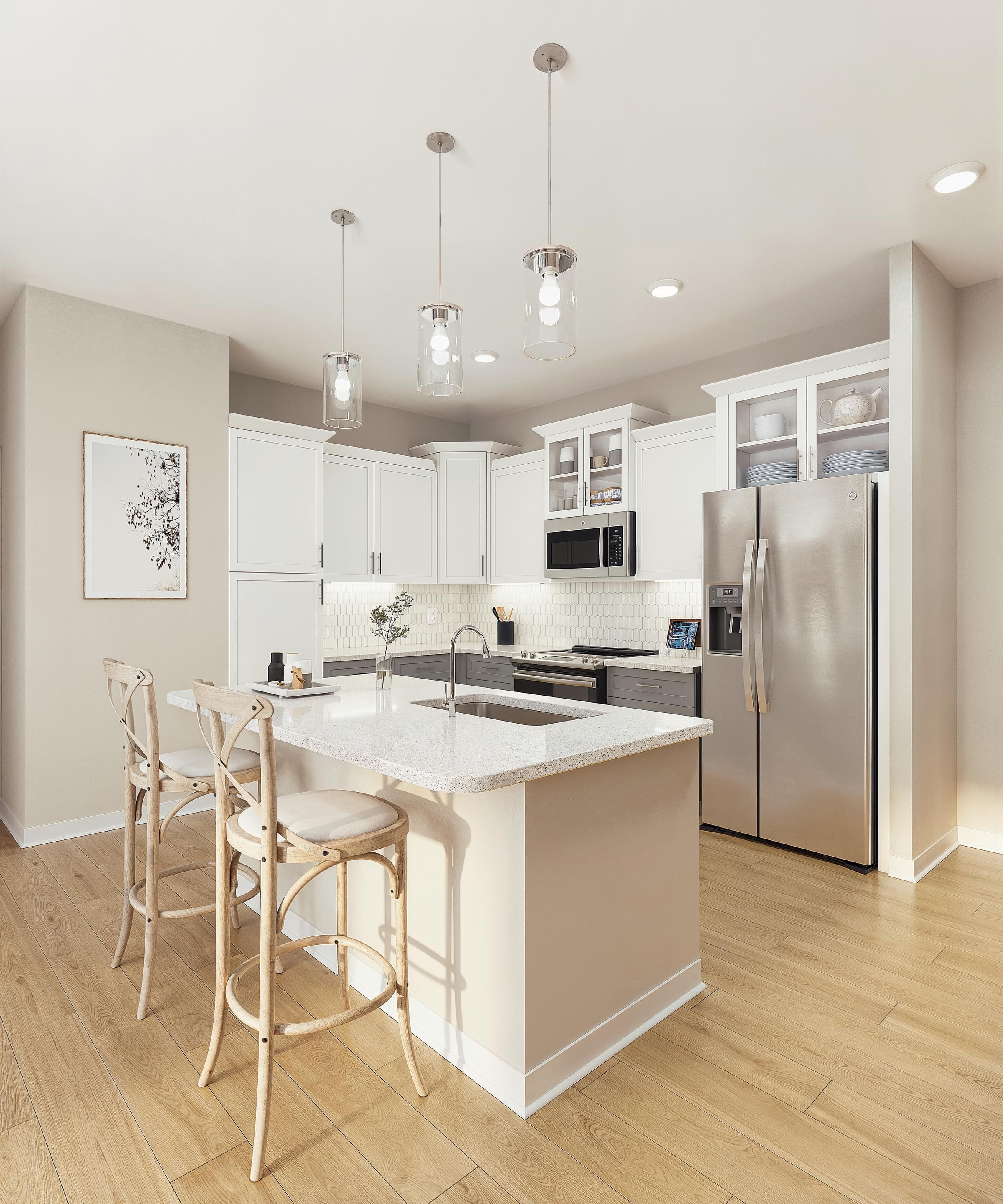 White Cabinet Kitchen Scheme with Island And Quartz Countertops