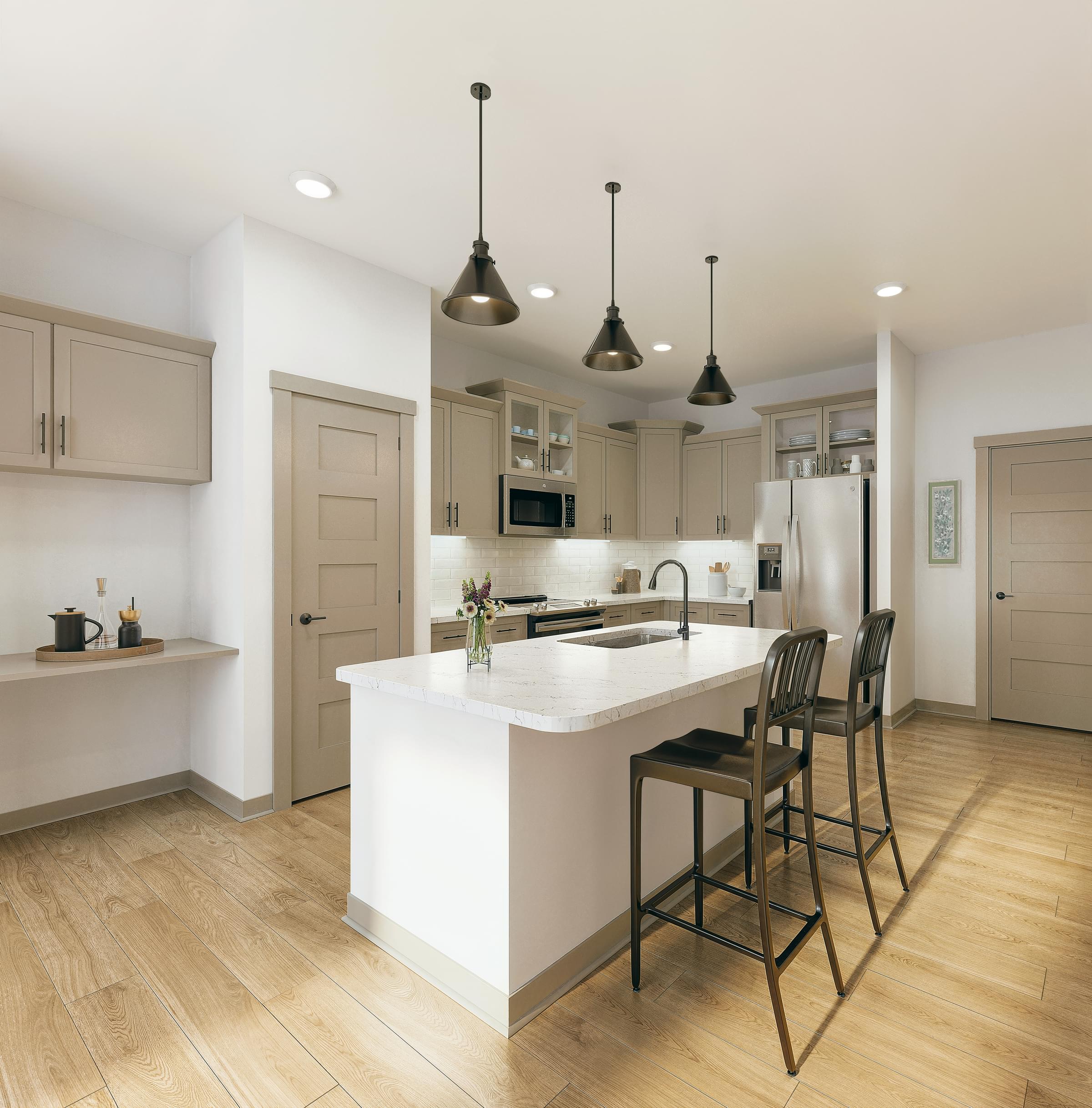 Custom Designed Kitchen With Stainless Steel Appliances And Grey Cabinet Scheme