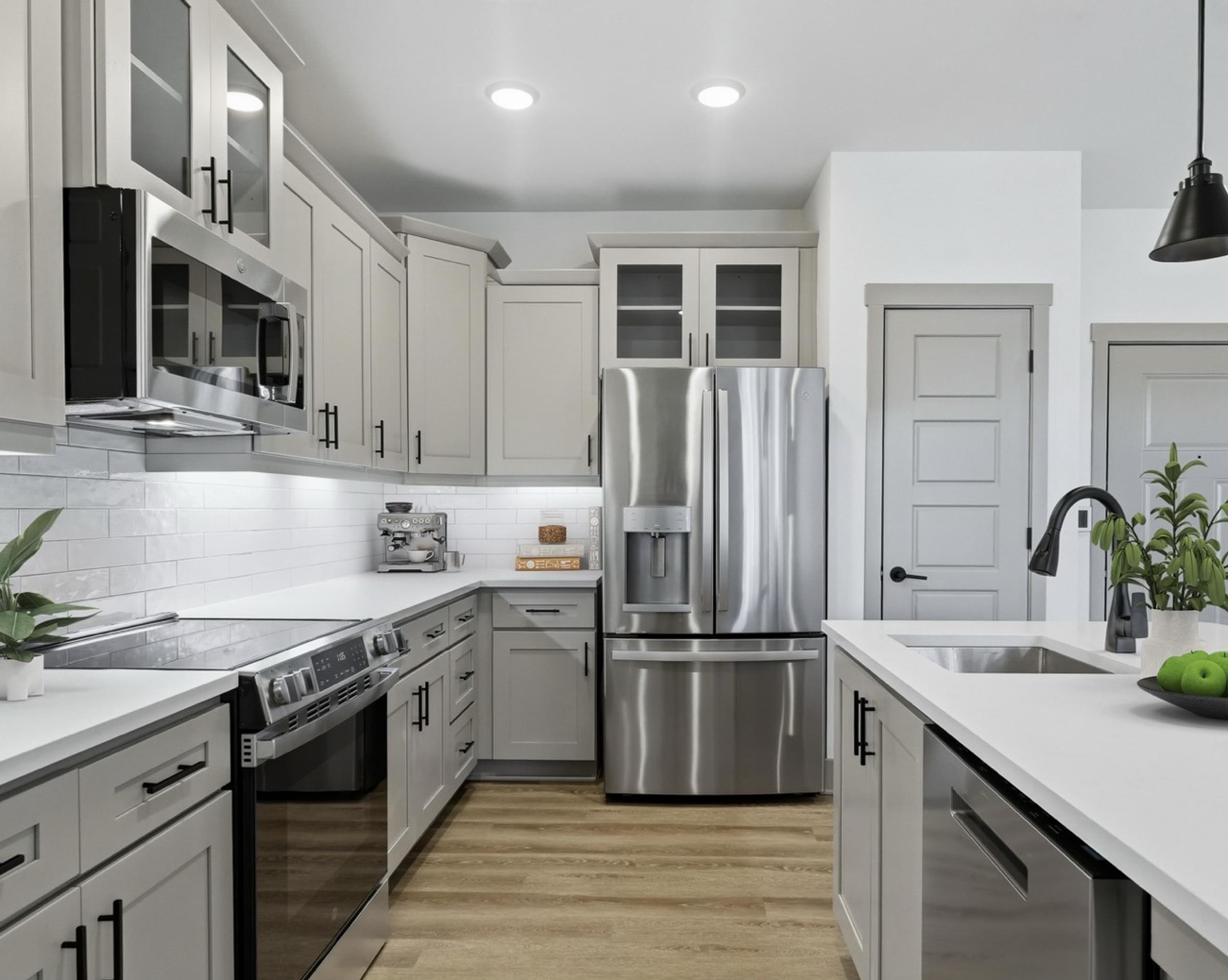 A modern kitchen with a stainless steel refrigerator and wooden flooring.