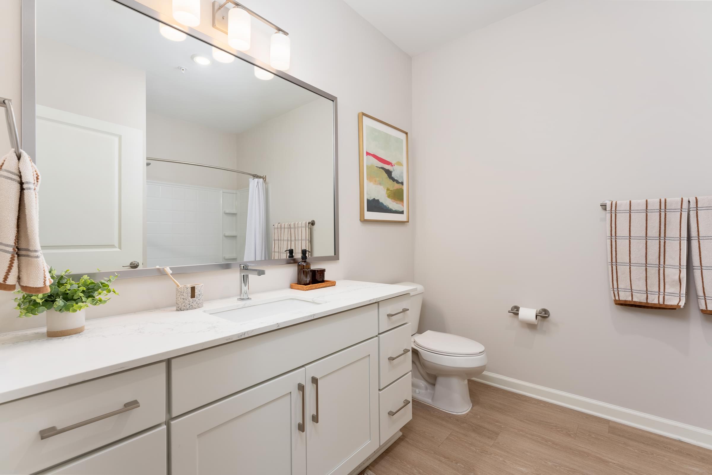 A bathroom with a white counter top and a toilet at Hawthorne at Holly Ridge in NC