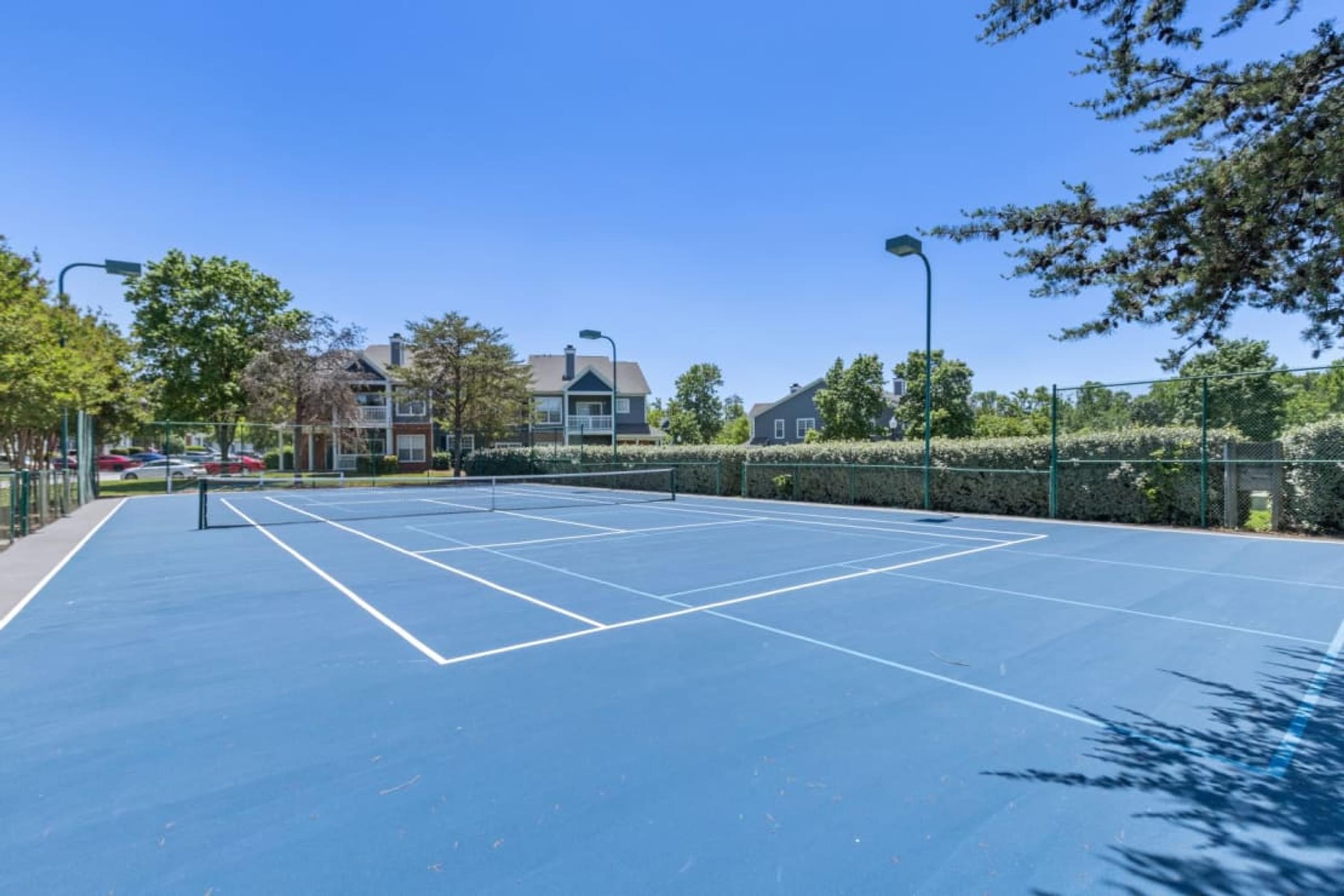 A Tennis Court with a Blue Surface and White Lines, Surrounded by Trees.