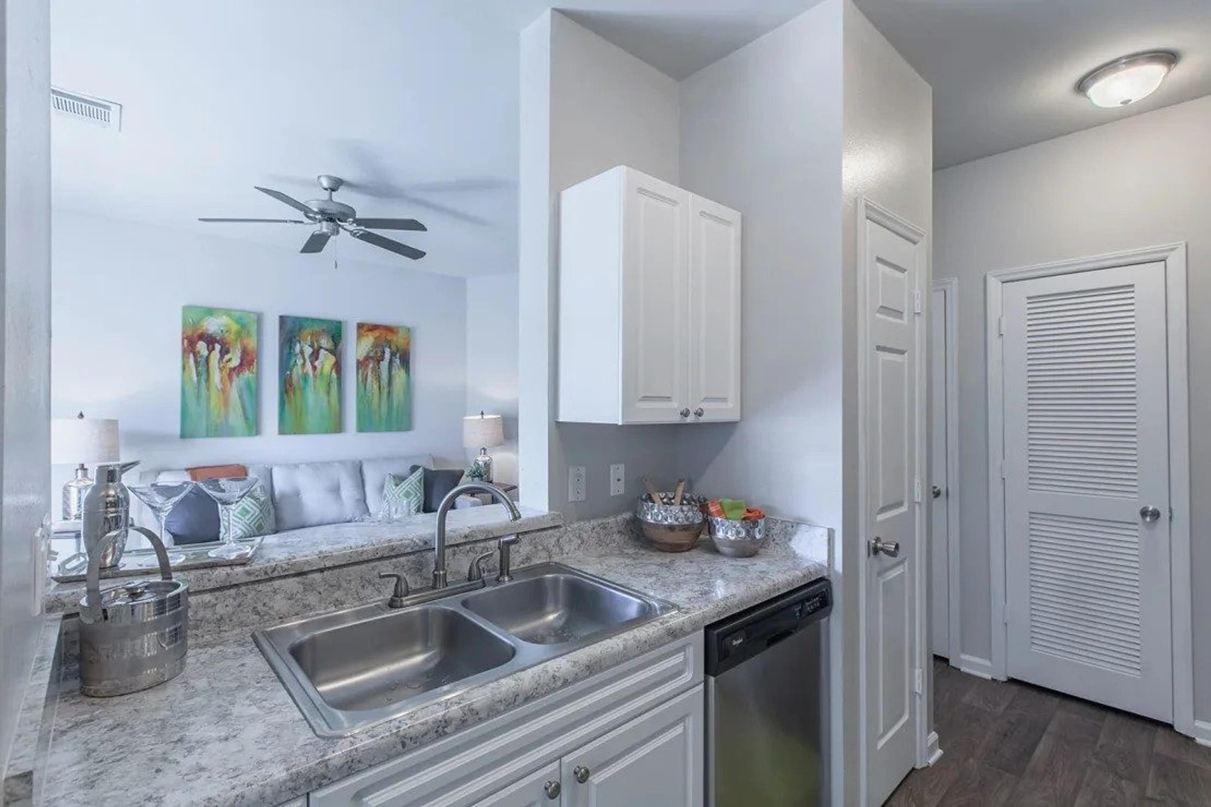 Kitchen View with a Sink, Dishwasher and Cabinet.
