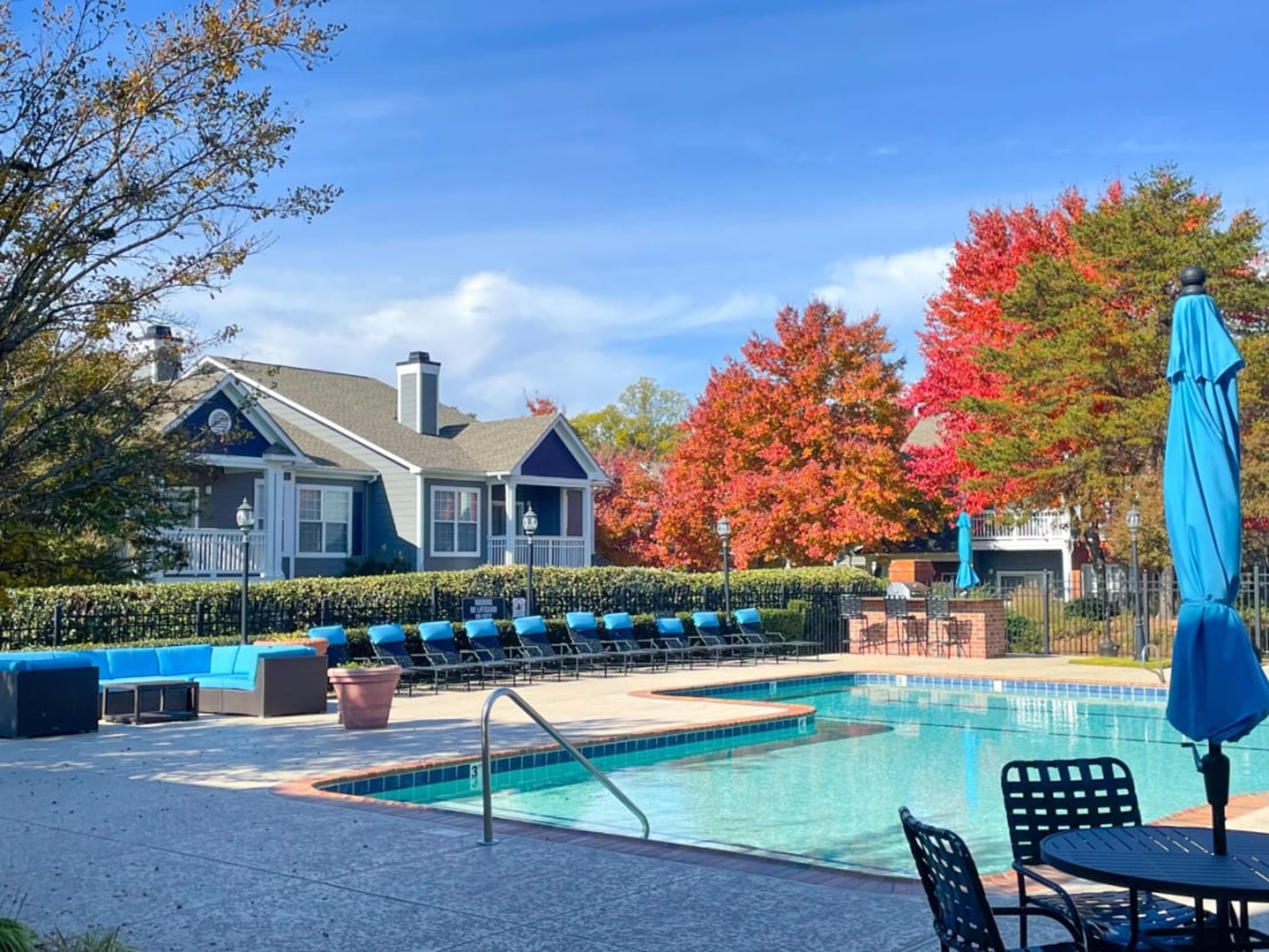 A Pool Area with a Chairs and Trees Surrounding.