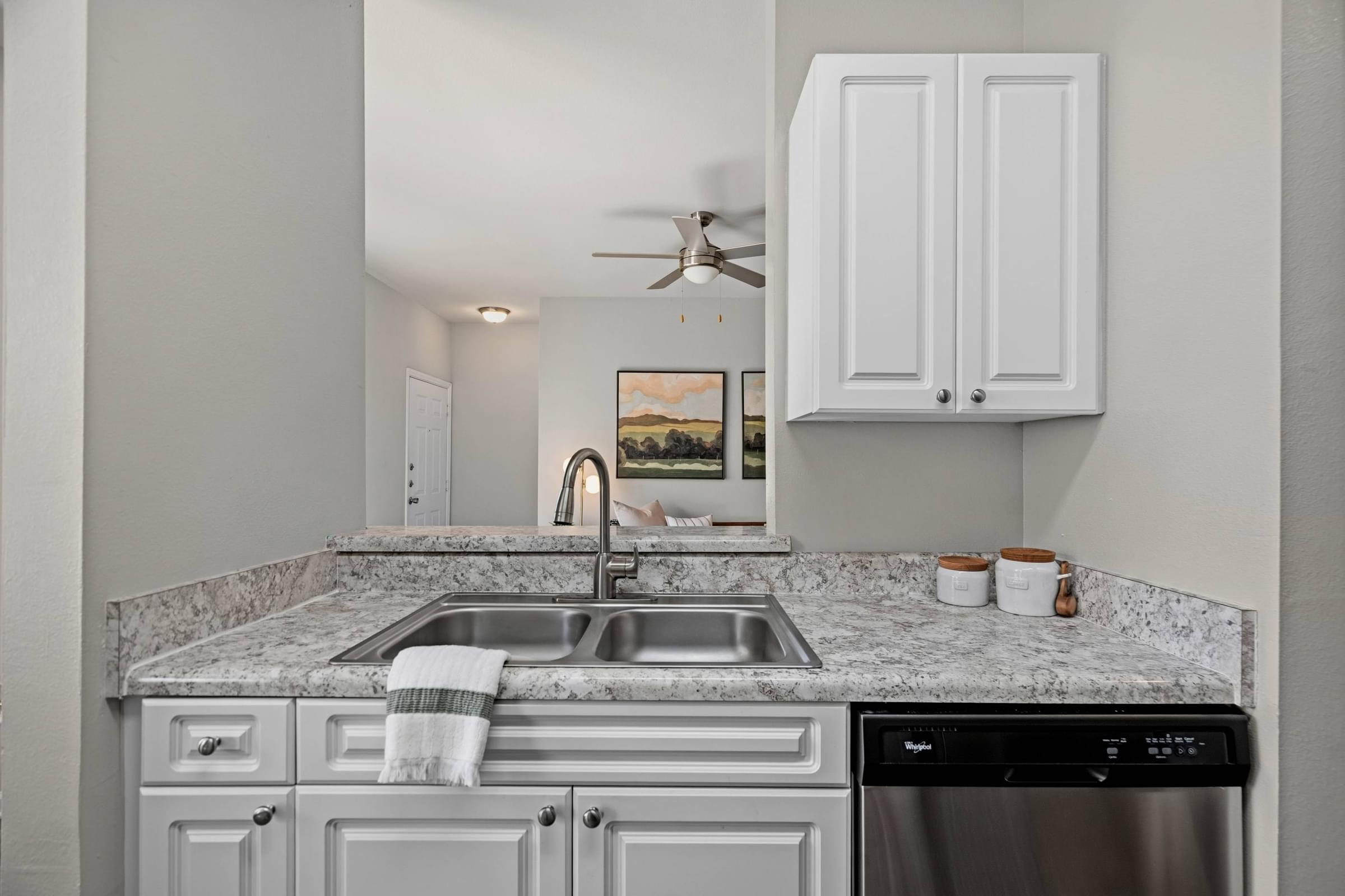 A kitchen with a marble countertop and a stainless steel dishwasher.