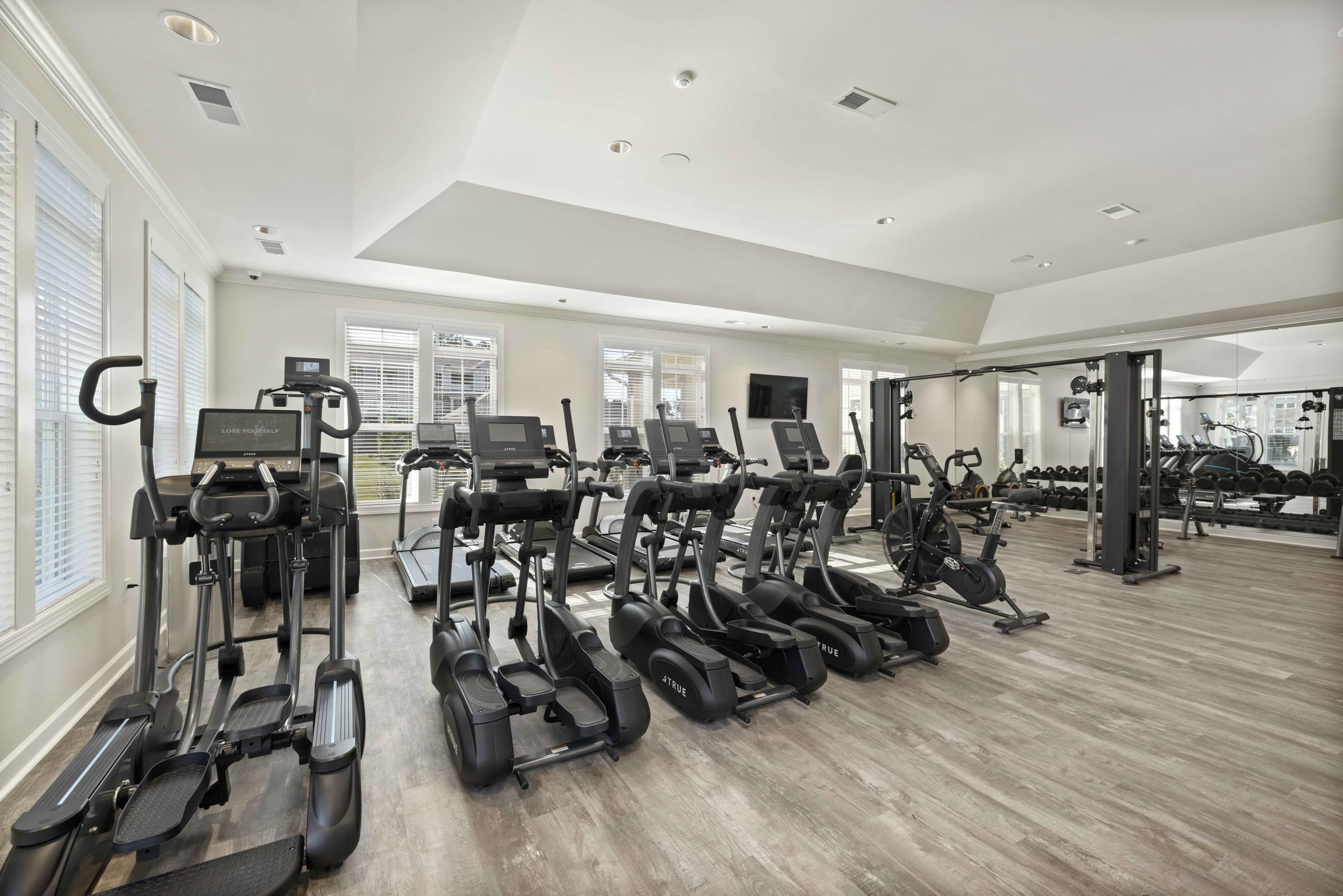 A spacious gym with a variety of cardio machines.