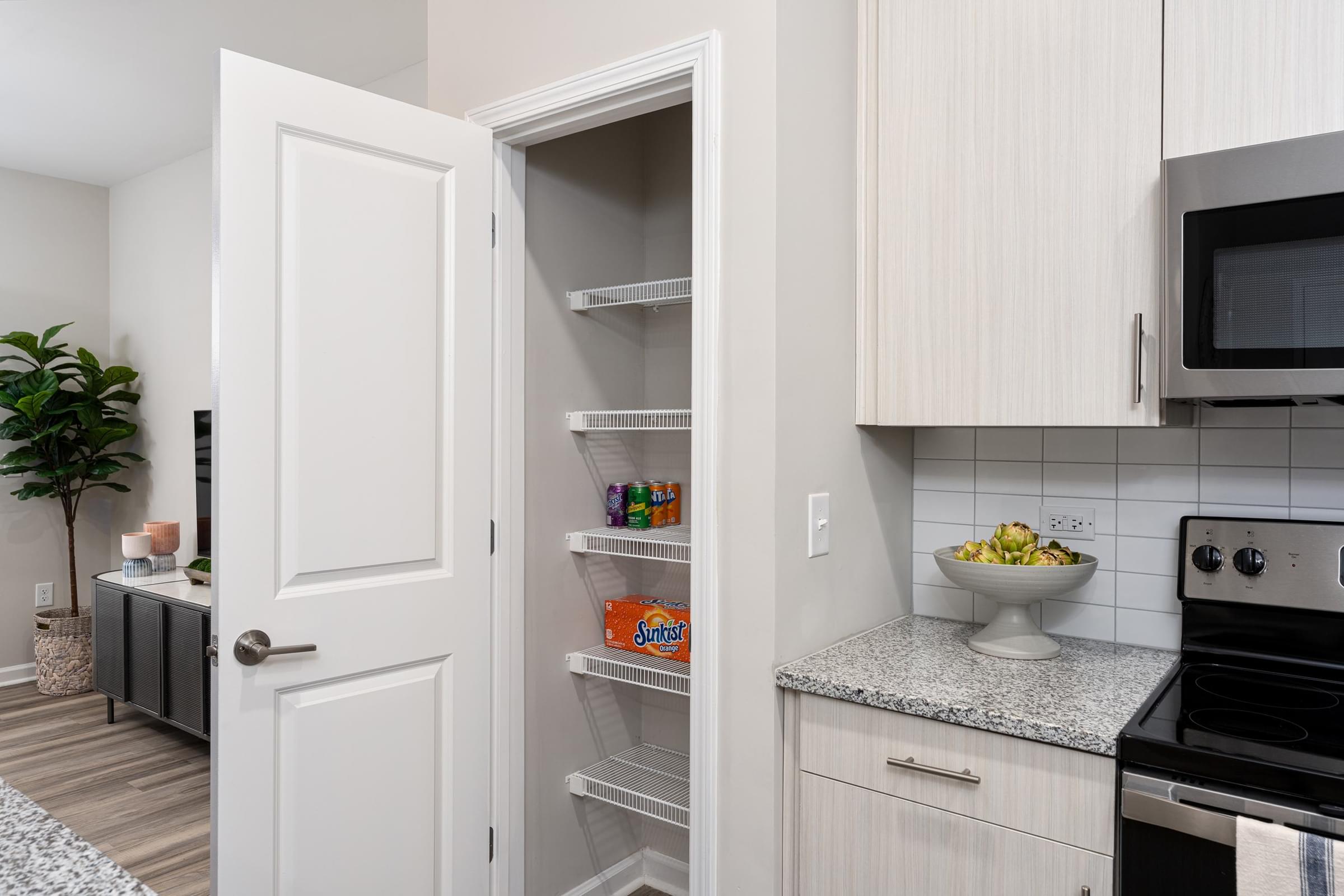A kitchen with an open pantry door showing empty shelves.