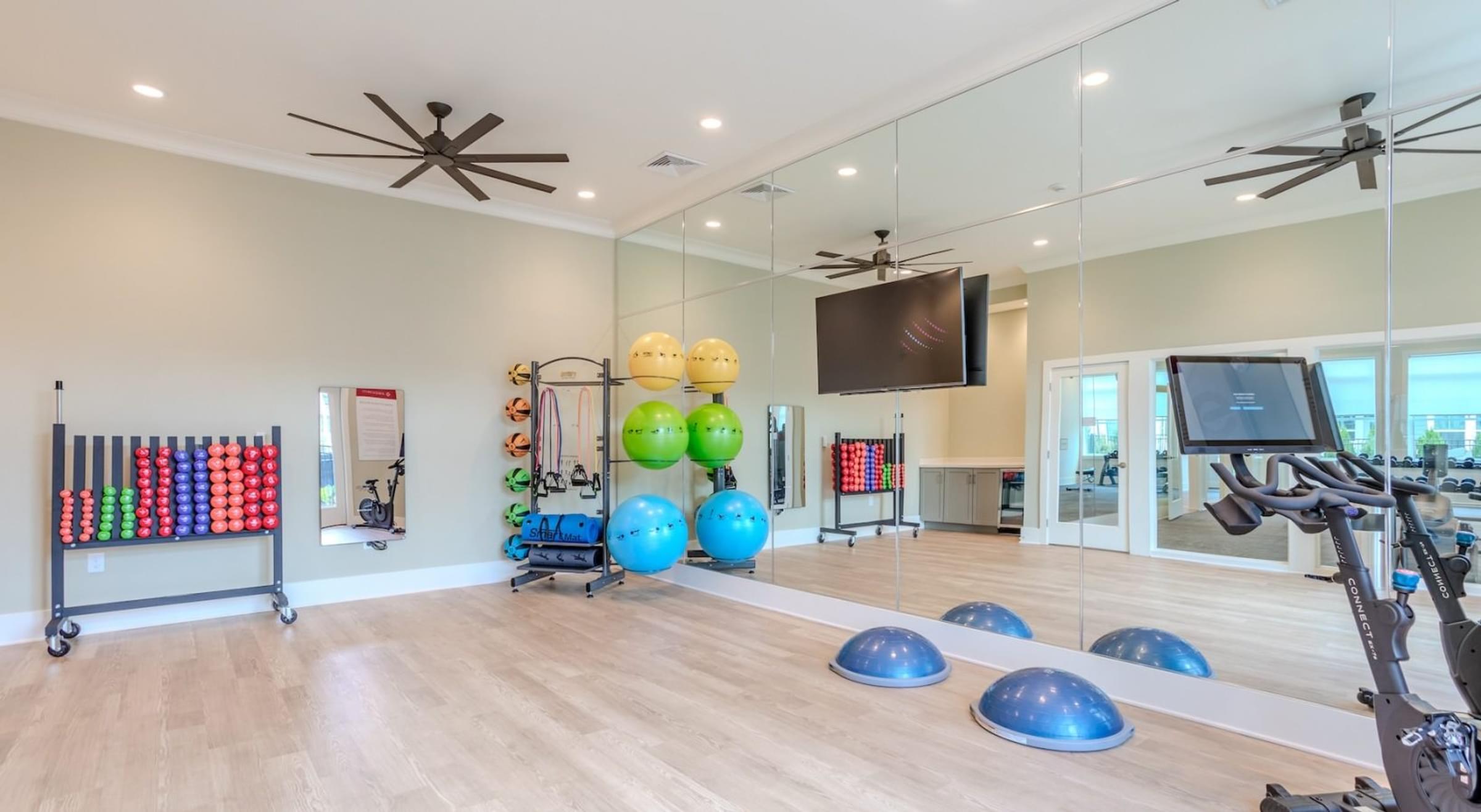 Gym Area with Exercise Equipment and a Mirror Wall All the Way Across.