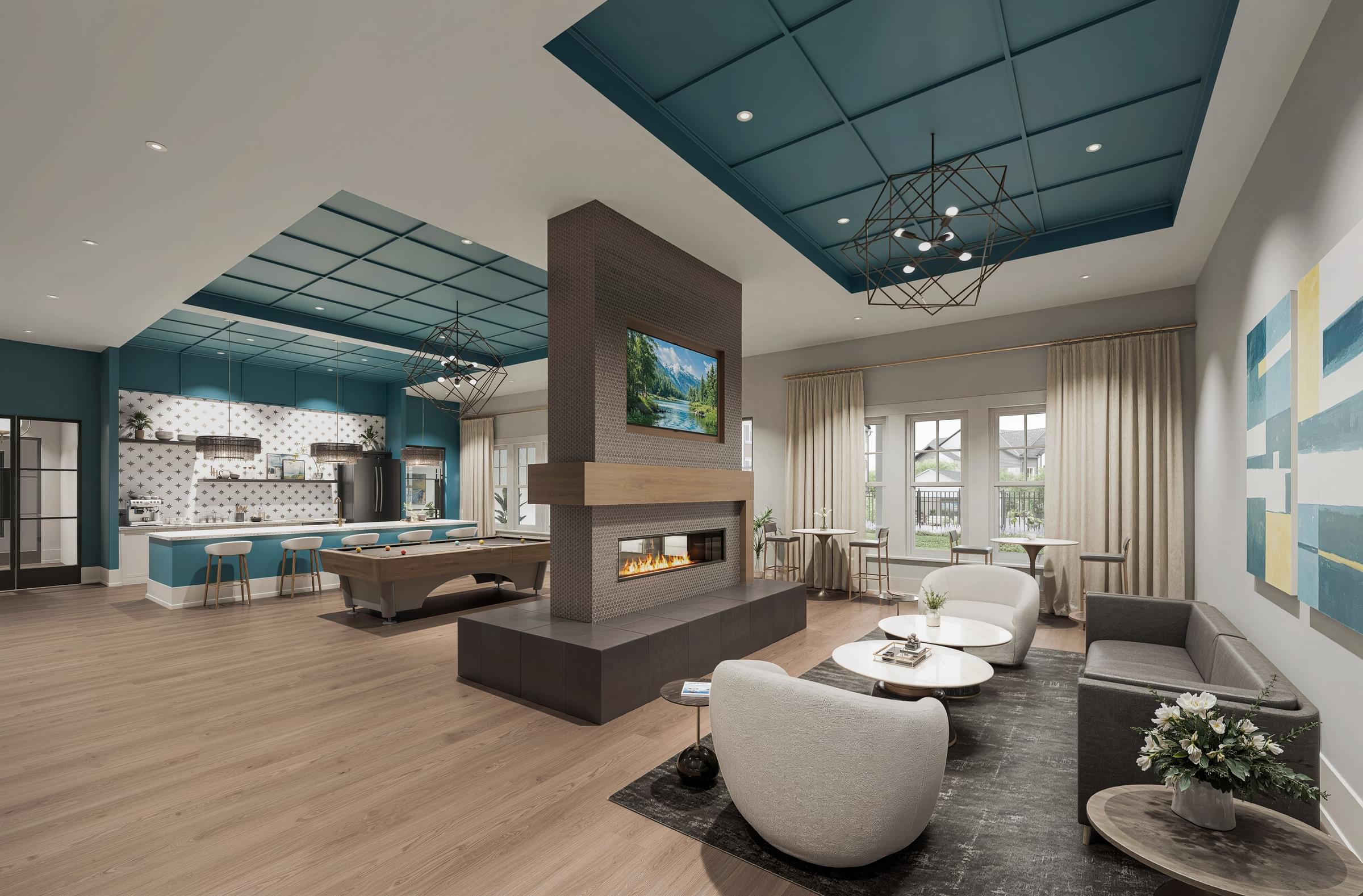 A modern living room with a fireplace and a television.